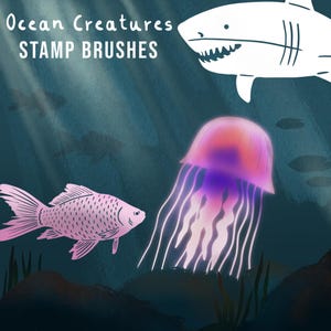 May include: A set of digital stamp brushes featuring ocean creatures. The brushes include a pink fish, a jellyfish with a pink and purple bell, and a white shark with a black outline. The text "Ocean Creatures STAMP BRUSHES" is at the top of the image.