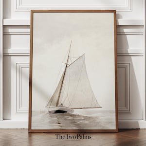 Vintage Sailboat Print, Neutral Coastal Wall Art, Nautical Wall Decor, Printable Digital Download