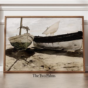 Nautical Seaside Oil Painting, Vintage Boat Print, Coastal Wall Art, Printable Digital Download