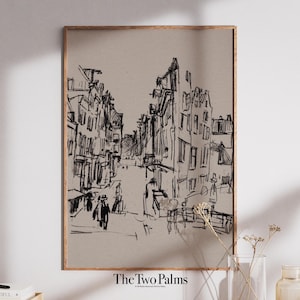 Amsterdam Sketch Print - Minimalist Vintage Architecture Art, Neutral Decor Printable