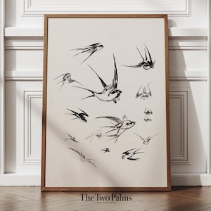 Flying Swallows Vintage Sketch, Monochrome Wall Art Print, Digital Download