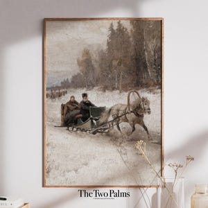 Country Winter Sleigh Ride Oil Painting, Vintage Holiday Wall Art, Printable Digital Download