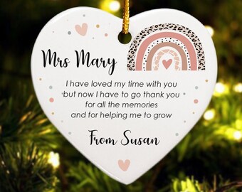 Thank You Teacher, Personalized Heart Shaped Ceramic Ornament, Keepsake Thank You Gift for Nursery Worker, Teacher, Pre-School Gift Ornament