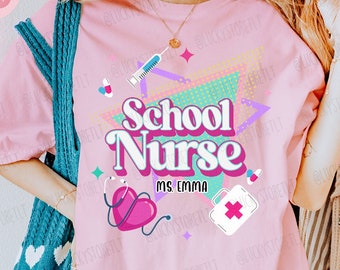 Comfortkleur aangepast roze shirt schoolverpleegkundige, T-shirt schoolverpleegkundige waardering, terug naar school verpleegkundige T-shirt, leuke retro T-shirts schoolverpleegkundige