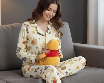 Personalized Winnie the Pooh Satin Pajamas, Adult Loungewear, Custom Name Party Pajama Set, Cute Pooh & Friends Sleepwear, Birthday Gift