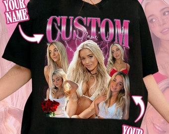 May include: A black t-shirt featuring a graphic print with the text CUSTOM Name. The design includes multiple photographs of a blonde person, a pink lightning background, and text boxes labeled YOUR NAME and YOUR PHOTO HERE with white arrows.
