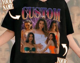 May include: Black t-shirt with a graphic of five women in a collage style. The graphic has a purple and pink color scheme with lightning bolts and the text "CUSTOM Name".