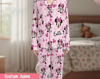 Personalisierte Disney Minnie Satin Pyjama Set, individueller Name All Over Print Kinder PJ, Disneyland Trip Pyjamas Familie, niedliches Cartoon Nachtwäsche Geschenk