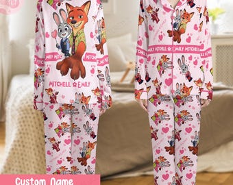 Personalized Zootopia Pajamas Set, Nick & Judy Satin PJ, Custom Name Cartoon Sleepwear, Matching Couple Pajamas, Valentine Gift for Couples