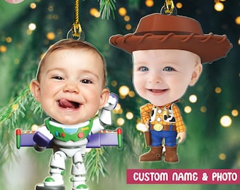 Personalized Disney Kids Acrylic Christmas Ornament, Custom Photo Toy Story Ornament, Kids Name Christmas Ornament, Character Face Ornament
