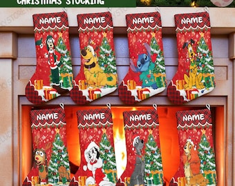 Calcetín navideño personalizado de Disney Dogs & Friends 2025, con nombre personalizado de Stitch, Pluto y Goofy, regalo familiar para la chimenea.