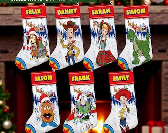 Personalized Toy Story Christmas Stockings, Custom Name Holiday Stocking Set Gift, Woody Buzz Lightyear Rex Family Xmas Fireplace Decor 2025