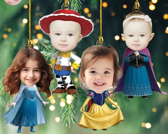 Personalized Disney Kids Acrylic Christmas Ornament, Custom Photo Princess Ornament, Kids Name Christmas Ornament, Character Face Ornament