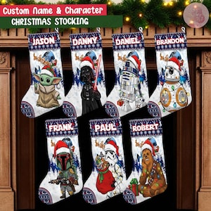 May include: Custom Christmas stockings featuring Star Wars characters and names. Each stocking has a unique character design, including Baby Yoda, Darth Vader, R2-D2, and others, with a Santa hat. The names Jason, Danny, Daniel, Brandon, Frank, Paul, and Robert are displayed.