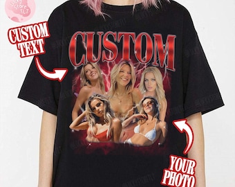 May include: Black t-shirt with a red "CUSTOM" graphic and a collage of four women's faces. The text "YOUR PHOTO" is on the right side of the shirt.