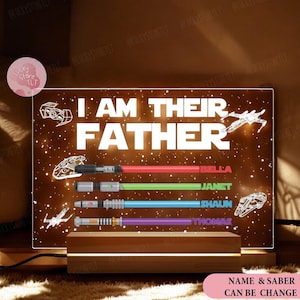 May include: A lighted sign with a starry night background and the text "I am their Father" with four names and lightsabers below. The text "Name & Saber can be change" is at the bottom of the sign.