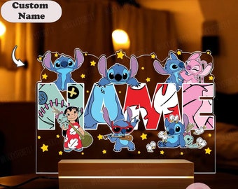 Personalized Night Light Custom Name Gift, Disney Lilo & Stitch Night Light, Disney Stitch Birthday Boy Gift, Stitch Angel Couple Gifts Lamp