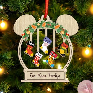 Personalized Disney Family Socks Acrylic and Wood Ornament, Custom Family Name Ornament 2024, Disney Character Ornament, Gift For Family