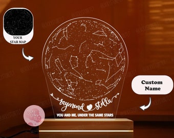 Luz de noche personalizada, regalo de pareja personalizado, luz de noche con mapa estelar por fecha, luz de noche con mapa estelar de regalo, mapa estelar personalizado, regalos de aniversario