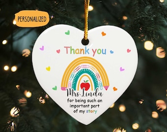 Thank You Teacher Boho Rainbow - Personalized Heart Shaped Ceramic Ornament, Keepsake Thank You Gift for Nursery Worker, Teacher, Pre-School