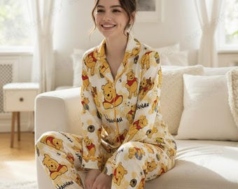 Personalized Winnie the Pooh Satin Pajamas, Custom Name All-Over Print PJ Set, Pooh & Friends Sleepwear, Adult Loungewear,Party Pajamas Gift