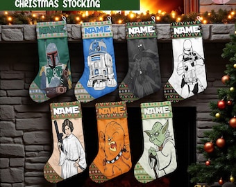 Personalized Star Wars Christmas Stocking, Custom Name Character Xmas Stockings, Star Wars Family Holiday Decor, Yoda Darth Vader Chewbacca