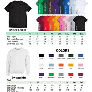 May include: A black unisex t-shirt and a white sweatshirt are displayed, showcasing various color options and size charts. The t-shirt color options include black, navy, and forest green. The sweatshirt color options include white, light blue, and orange.