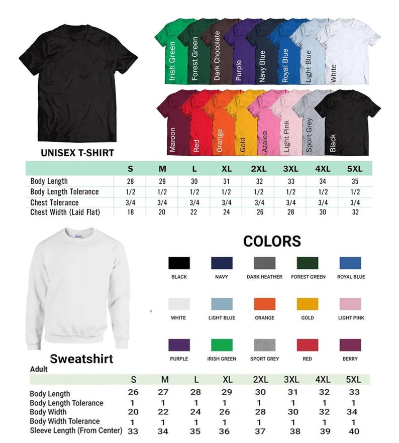 May include: A black unisex t-shirt and a white sweatshirt are displayed, showcasing various color options and size charts. The t-shirt color options include black, navy, and forest green. The sweatshirt color options include white, light blue, and orange.