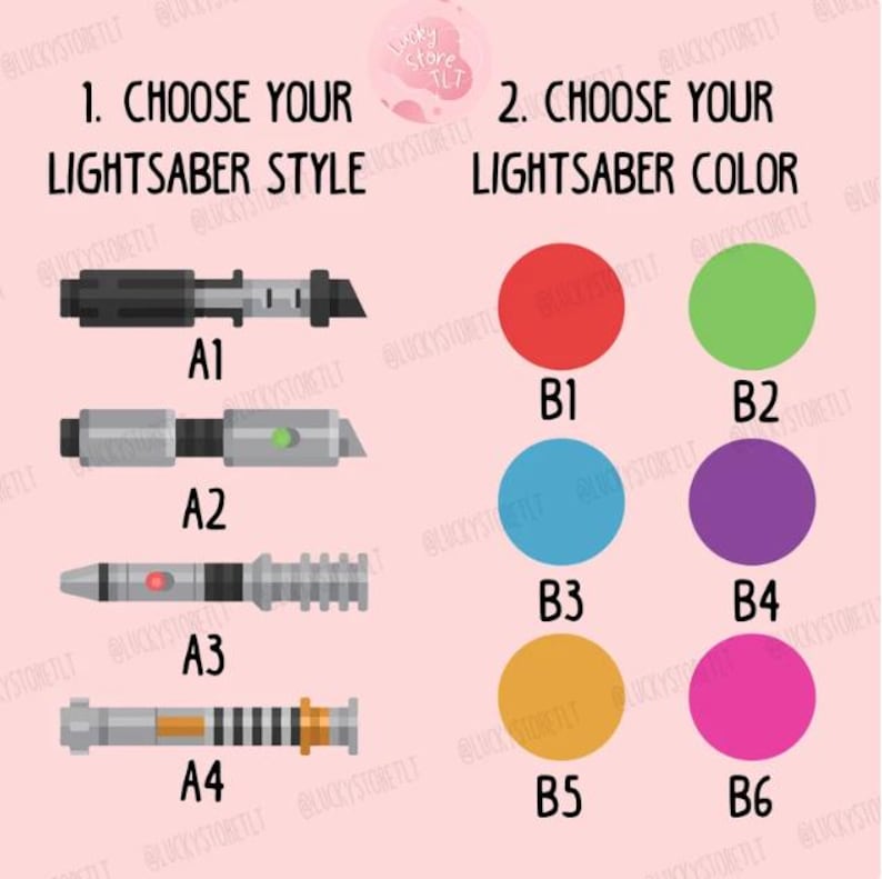 May include: A graphic showing four different lightsaber styles labeled A1, A2, A3, and A4.  The graphic also shows six different lightsaber colors labeled B1, B2, B3, B4, B5, and B6.