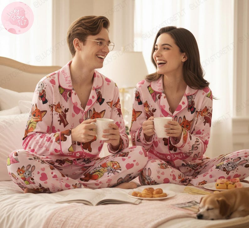 K&ouml;nnte beinhalten: Passende rosa Pyjama-Sets mit einem Cartoon-Fuchs- und Herzmuster. Die Pyjamas umfassen ein Hemd mit Kn&ouml;pfen und eine Hose. Das Paar sitzt auf einem Bett und h&auml;lt wei&szlig;e Tassen.