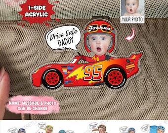 Drive Safe Daddy - Custom Photo Acrylic Car Visor Clip Lightning McQueen, Father&#39;s Day Car Gift, Disney Cars Visor Accessory, Keepsake Gifts