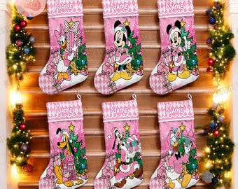 Personalized Multi-character Mickey & friends Pink Stocking, Pink Christmas Stockings With Name, Disney Family Pink Christmas Gifts 2024