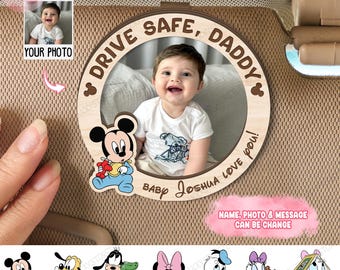 Conduce con cuidado, papá. Clip de madera con foto personalizada para visera de coche. Clip de Disney Baby para visera de coche. Clip de Mickey y sus amigos. Regalo para el Día del Padre.