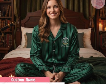 Personalized Wizard School Four Houses Pajamas, Custom Name Magic Academy Pajamas, Fantasy House Sleepwear, Wizard Inspired Nightwear Gift