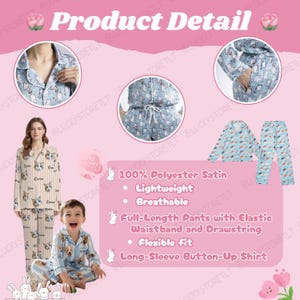 K&ouml;nnte beinhalten: Hellblaues Pyjama-Set mit Katzenmuster, bestehend aus einem lang&auml;rmeligen Button-Up-Shirt und einer langen Hose. Das Set besteht aus 100 % Polyester-Satin, ist leicht, atmungsaktiv und hat einen elastischen Bund mit Kordelzug.