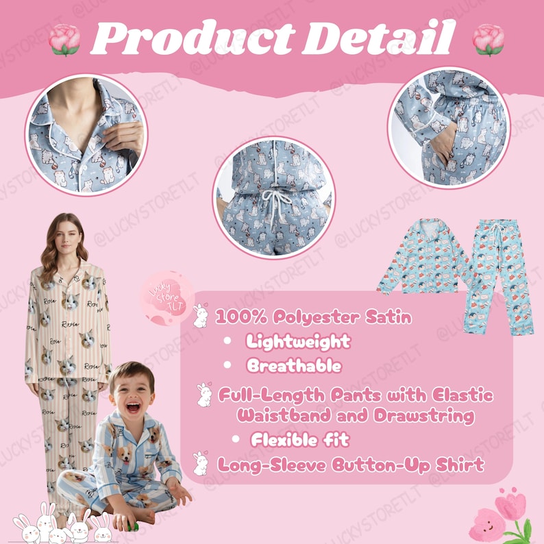K&ouml;nnte beinhalten: Hellblaues Pyjama-Set mit Katzenmuster, bestehend aus einem lang&auml;rmeligen Button-Up-Shirt und einer langen Hose. Das Set besteht aus 100 % Polyester-Satin, ist leicht, atmungsaktiv und hat einen elastischen Bund mit Kordelzug.