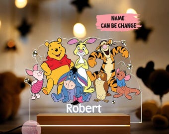 Personalized Night Light Custom Name Gift, Disney Winnie The Pooh Led Lamp, Pooh and Friends Room Decor, Disney Baby Room Decor, Bday Gifts