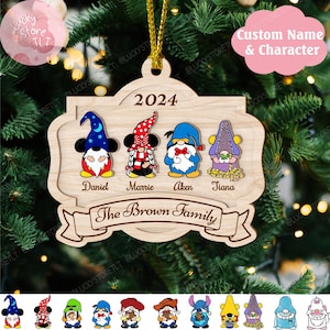 Décoration de Noël personnalisée en bois pour Noël en famille, 2 épaisseurs, décoration de Noël avec nom personnalisé, décoration de famille Disney, décorations de famille gnome pour arbre de Noël