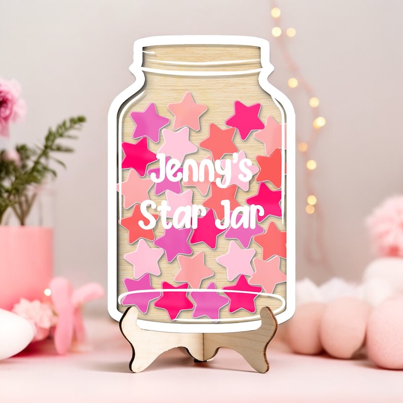 Custom Reward Jar With Pink Stars, Rainbow Classroom Teacher Star Jar