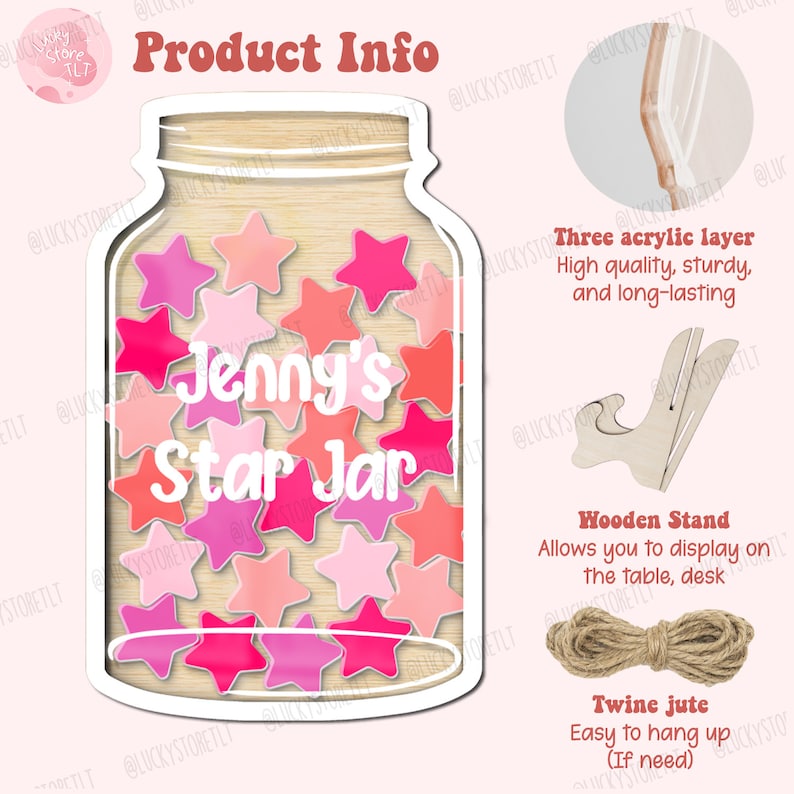 Custom Reward Jar With Pink Stars, Rainbow Classroom Teacher Star Jar