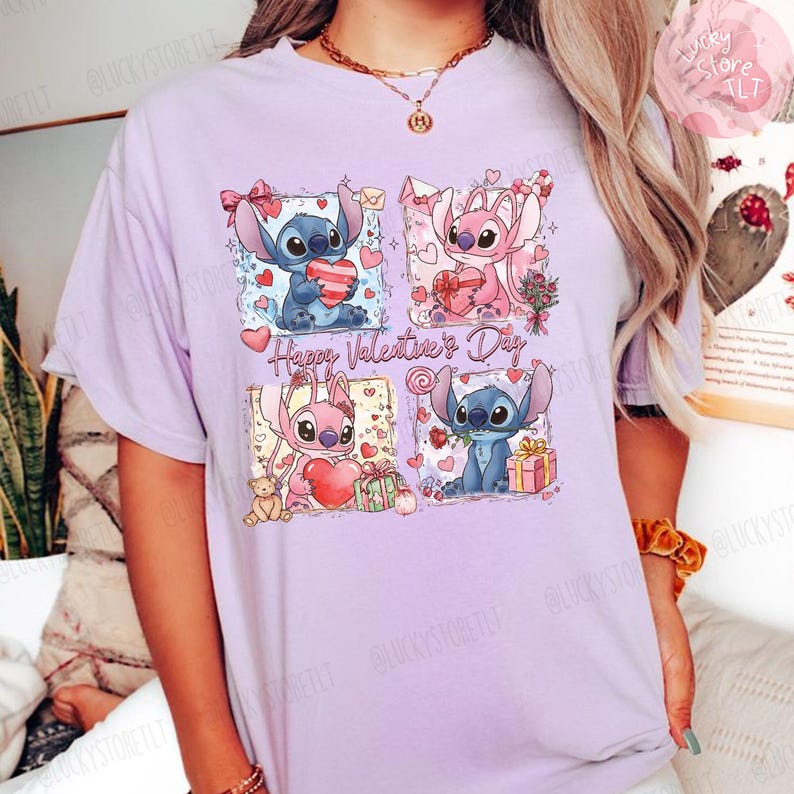 Stitch & Angel Valentine Shirt, Disney Couple Love Tee, Cute Romantic ...