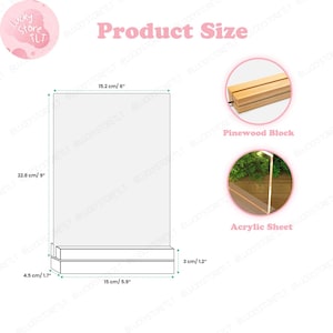May include: A clear acrylic sheet with a pinewood block base. The sheet measures 9 inches by 6 inches and the base is 1.7 inches tall. The base is 5.9 inches wide and the sheet is 1.2 inches thick.