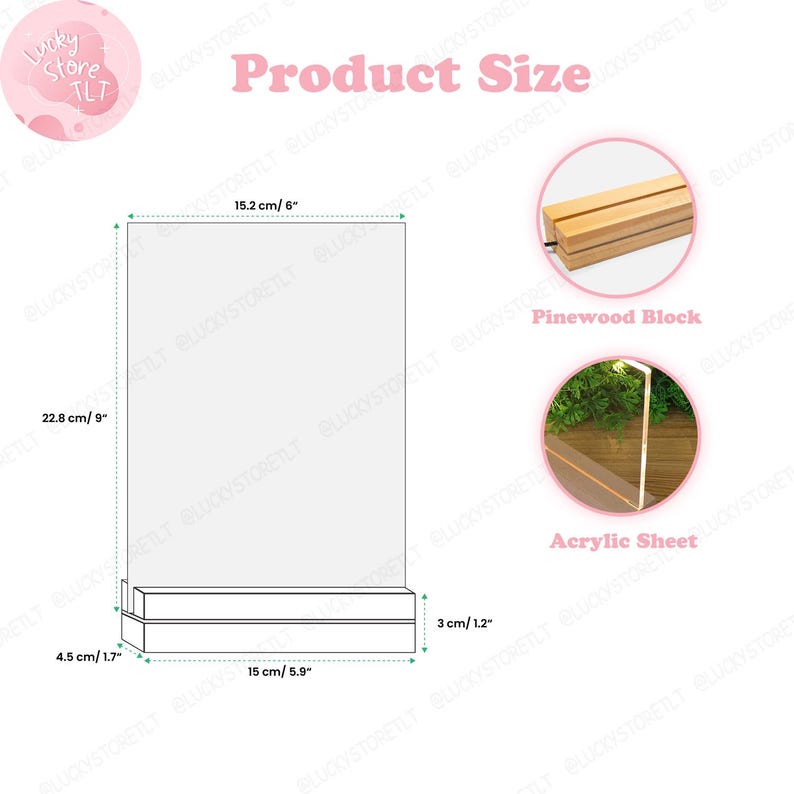 May include: A clear acrylic sheet with a pinewood block base. The sheet measures 9 inches by 6 inches and the base is 1.7 inches tall. The base is 5.9 inches wide and the sheet is 1.2 inches thick.