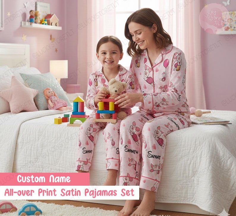 Personalized Disney Piglet Satin Pajamas, Custom Name All Over Print PJ Set, Cute Cartoon Kids Birthday Gift, Winnie the Pooh Sleepwear Gift image 1