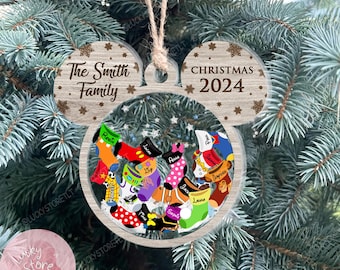Personalized Disney Family Socks Christmas Shaker Ornament, Custom Family Name Ornament 2024, Disney Character Ornament, Disneyland Keepsake