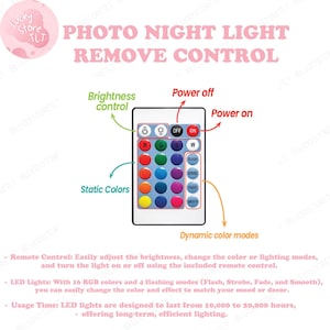May include: A white remote control with 16 colored buttons and 4 buttons for flashing modes. The remote controls a photo night light with brightness, color, and flashing mode options. The text on the remote reads "Flash, Strobe, Fade, Smooth".
