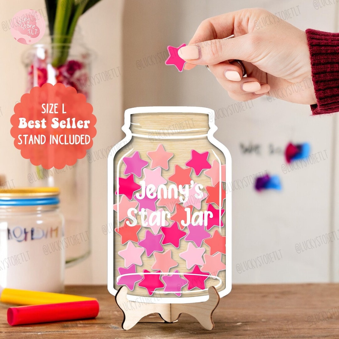 Custom Reward Jar With Pink Stars, Rainbow Classroom Teacher Star Jar