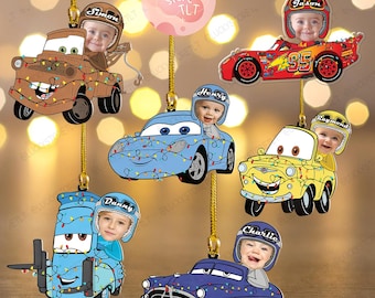 Personalized Disney Cars Acrylic Christmas Ornament, Custom Photo Lightning McQueen Tow Mater Family Ornament, Kids Name Christmas Ornament