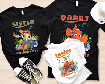 Aangepaste Kid Name Finding Nemo Shirt, Nemo Dory Squirt Bruce, Gepersonaliseerd Disney Verjaardag T-shirt, Vintage Disneyland Family Trip Matching