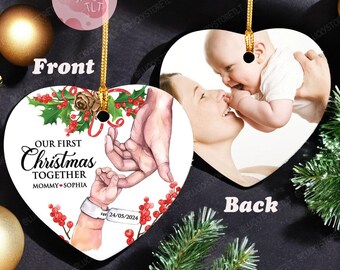 Adorno navideño de cerámica personalizado para bebé y mamá, adorno navideño personalizado con foto de doble cara, primer adorno navideño del bebé 2024